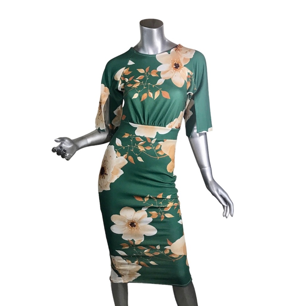 Boohoo Women’s XS 4 Cessie Floral Split Sleeve Wiggle MIDI Dress Green NEW